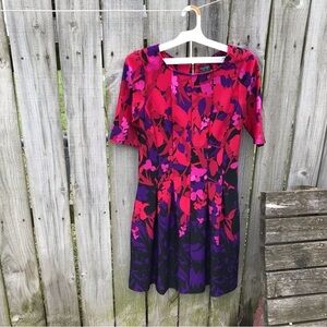 Gabby Skye Purple and Pink Floral 3/4 Sleeve Fit and Flare Dress